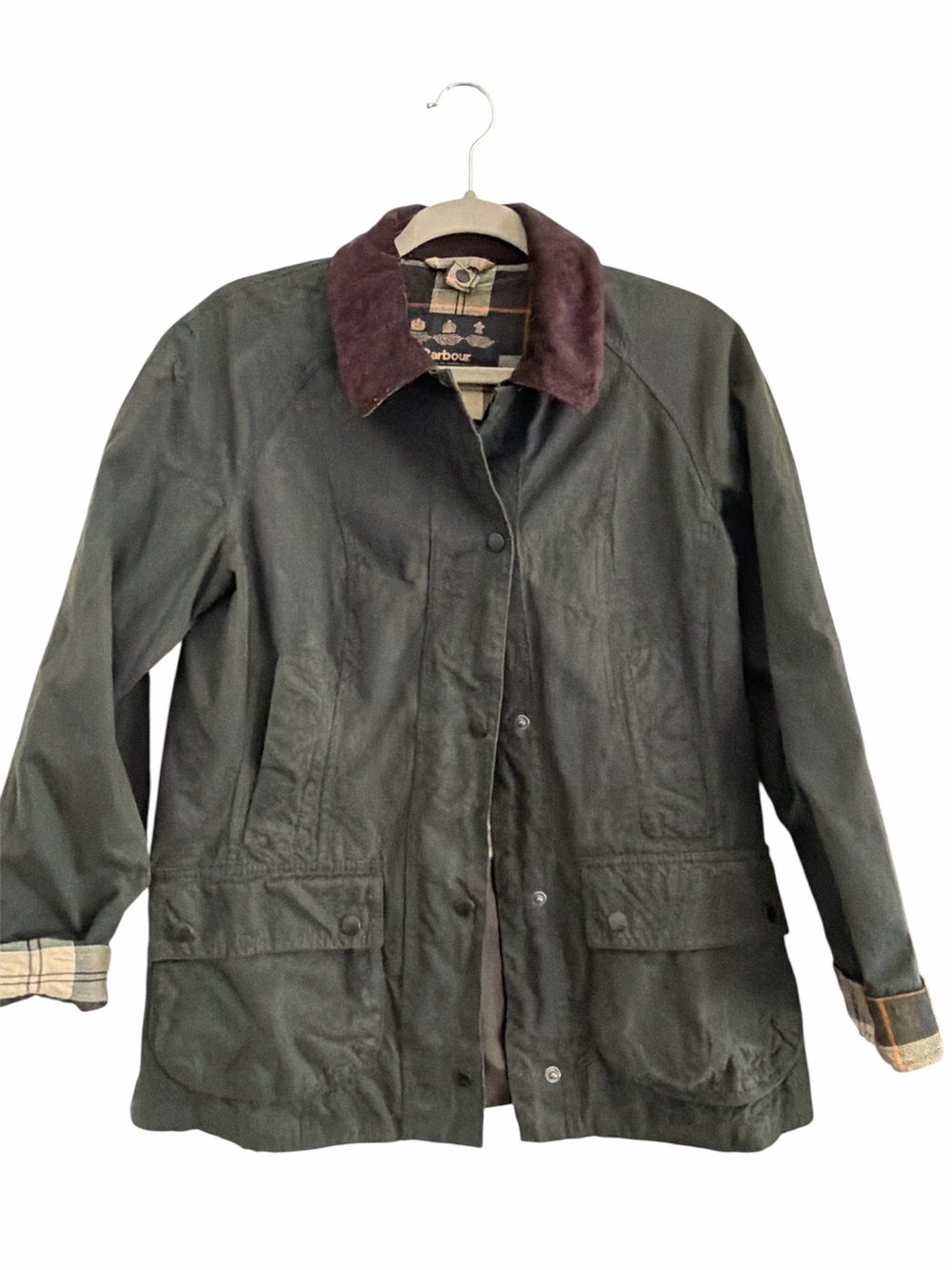 Barbour Green Waxed Cotton Utility Jacket with Brown Cord Collar size 6